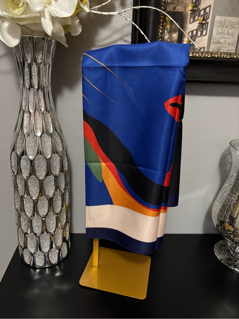 Blue Abstract Multicolor Silk-Feel Home Accent Scarf